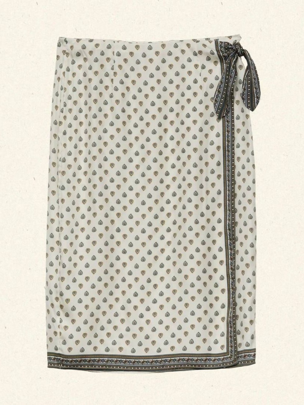 Doen Delia Silk Wrap Side Tie Knee Length Skirt Riviera Foulard Paisley Cream